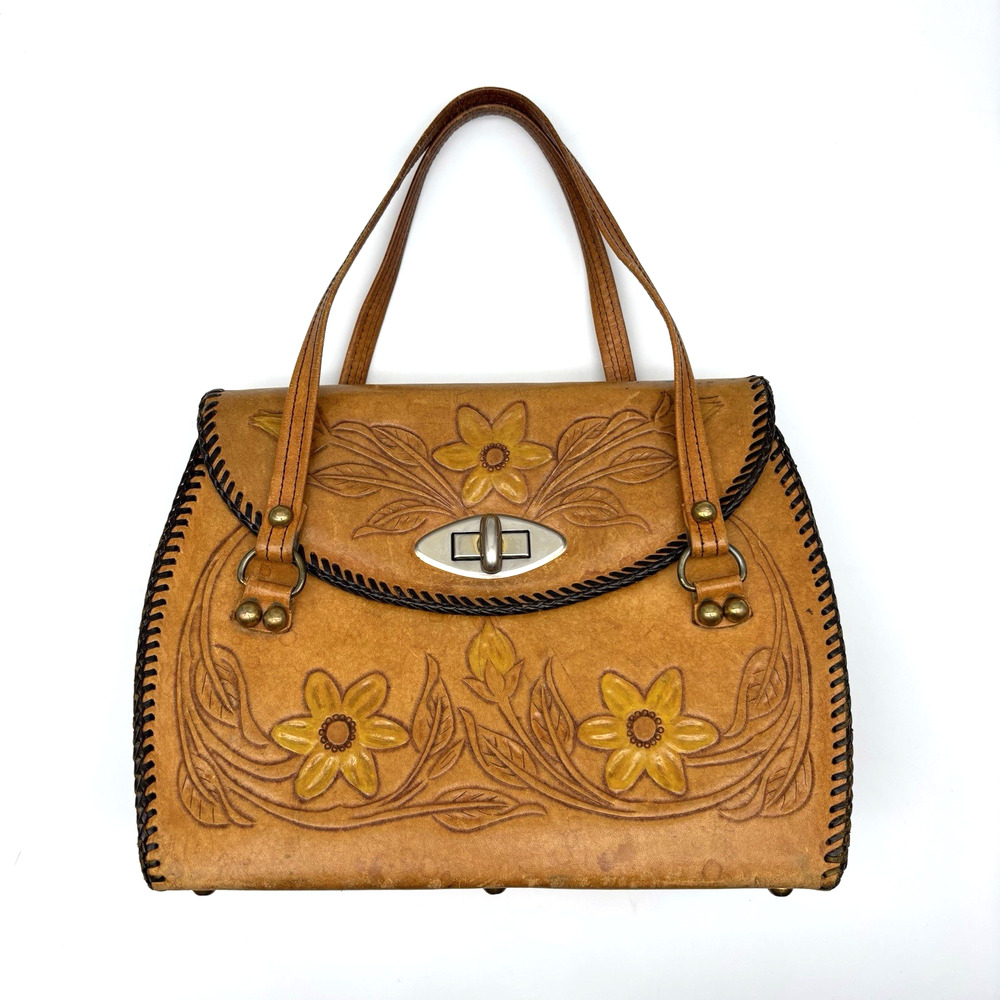 1976 Handmade Tan Sunflower Tooled Whipstitch Trim Turnlock Western Purse 12x9"